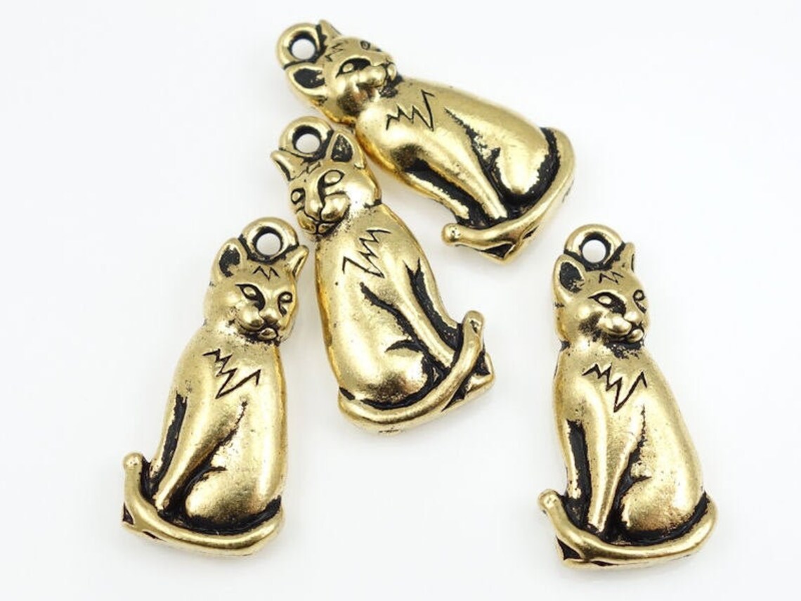 Antique Gold Charms Gold Cat Charms Tierracast Sitting Cat Etsy