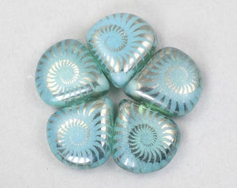 12 Aqua Briolette Beads 12mm x 11mm Aqua Blue Vaseline Opaline with Silver Finish Laser Etched Spiral Design - Raven's Journey Glass #502