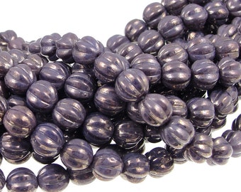 Amethyst Purple Beads 8mm Pumpkin Beads Czech Glass Melon Beads Opaque Violet Dark Lavender Gold Marbled 8mm Dark Radiant Orchid