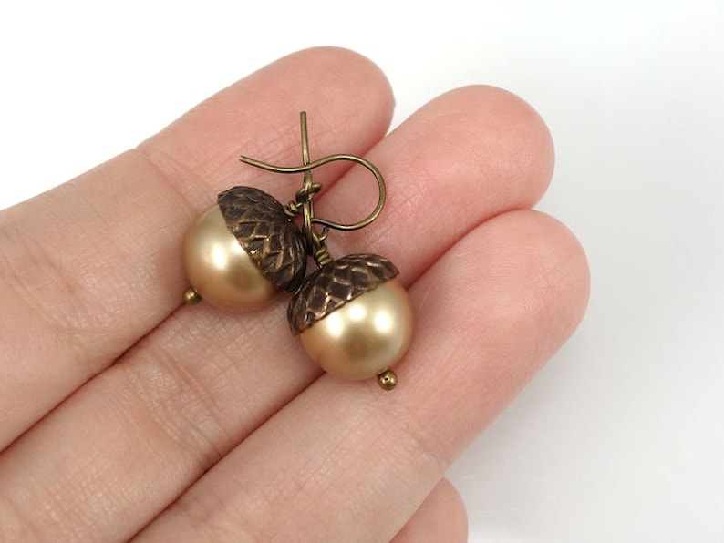 DIY KIT Acorn Kit Earrings with Vintaj Natural Brass and Swarovski Crystal Pearls Autumn Jewelry Kit Fall Beaded Earrings Kit image 2