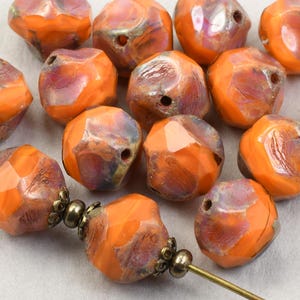 9mm Firepolish Nugget Beads - Irregularly Shaped Faceted Czech Glass Bead Orange Silk with Picasso Finish - Raven's Journey Fall Autumn #538