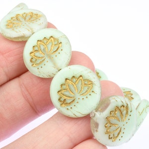 18mm Lotus Bead Czech Glass Coin Shaped Bead Matte Sea Green Silk with Gold Wash Meditation Beads for Zen Yoga Jewelry Making image 4