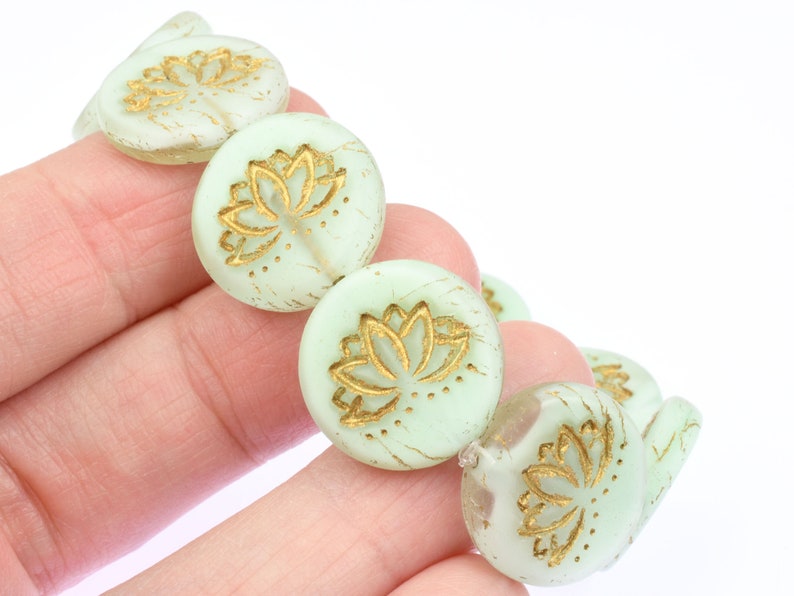18mm Lotus Bead Czech Glass Coin Shaped Bead Matte Sea Green Silk with Gold Wash Meditation Beads for Zen Yoga Jewelry Making image 4