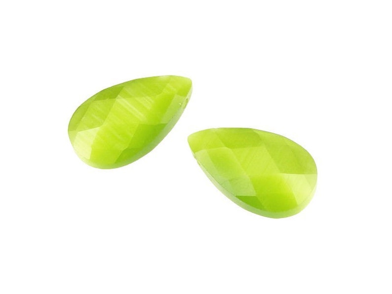4 Cats Eye Briolette Beads Apple Green Beads Lime Green Beads Fiber Optic Pendant Beads Chartreuse Top Drilled Side Drilled Faceted Teardrop image 2