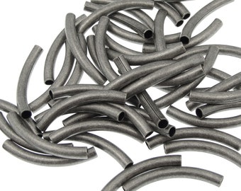 48 Noodle Beads 26mm x 3.2mm - 2mm inner diameter Antique Silver Plated Curved Tube Beads Dark Silver Tube Beads Matte Silver Noodles (T4)