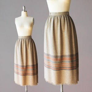 1970s Wool Skirt / Vintage 70s Houndstooth and Striped Tweed Skirt with Fringed Hem by Pant-Her