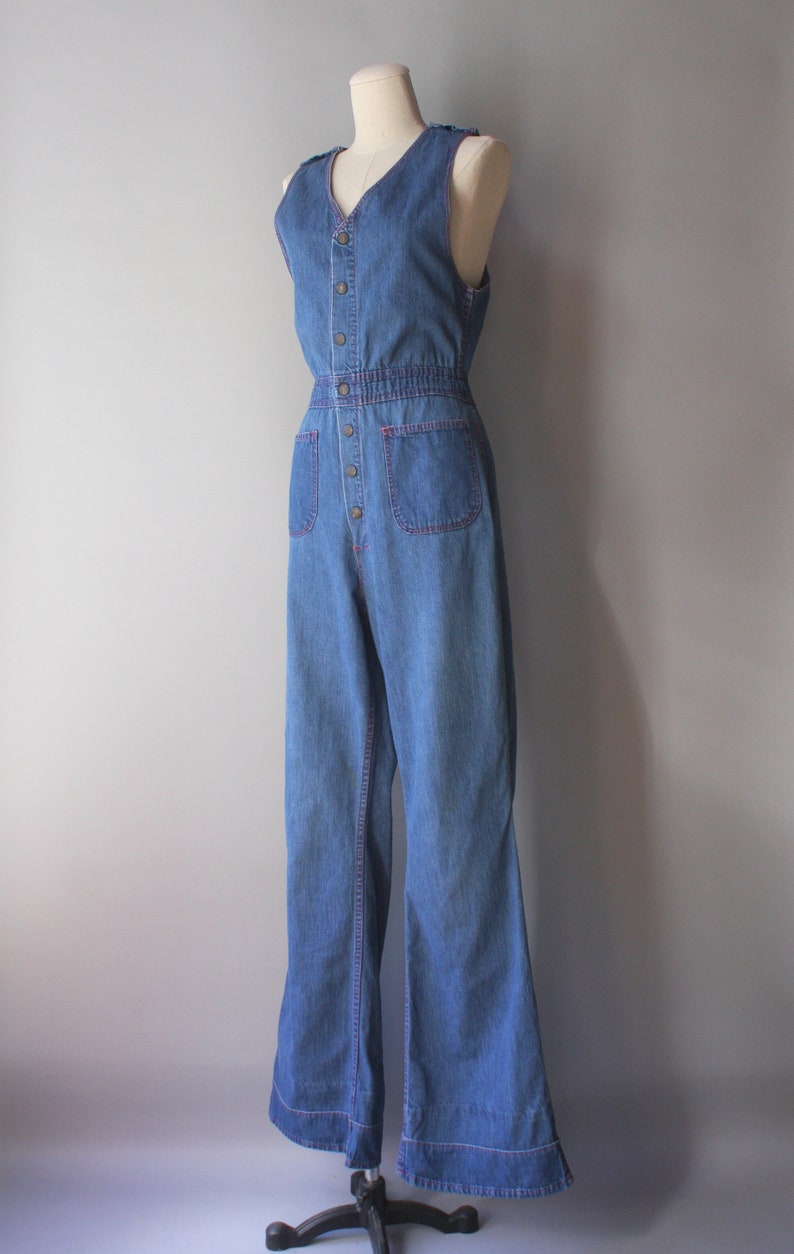 1970s Denim Jumpsuit 70s Vintage Flare Leg High Waist Sleeveless Coverall Overall Jumpsuit