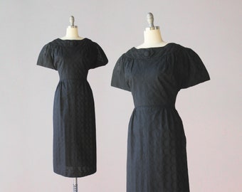 Vintage 1950s Dorothy O'Hara Dress / 50s Embroidered Cotton Little Black Dress with Statement Sleeves