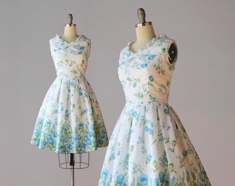 1960s Vintage Dress / 60s Betty Barclay Blue and White Ruffle Trimmed Border Print Sundress