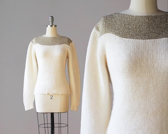 1970s Silk Angora Lurex Sweater / Vintage 80s Golden Lurex Soft Angora White and Gold Sweater by Kitty Hawk