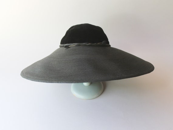 1950s Wide Brim Straw Hat / 50s Black Straw & Vel… - image 4