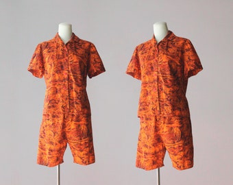 1960s Hawaiian Shirt & Shorts Set / Vintage 60s Novelty Print Cotton High Waist Shorts and Blouse Matching Set