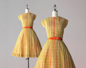 1960s Vintage Dress / Early 1960s Sheer Gauzy Cotton Mustard Medallion Print with Big Bow Belt R&K Originals