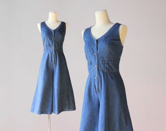 1970s Vintage Culottes Jumpsuit / 70s Cropped Gaucho Wide Leg Denim Jumpsuit Dress