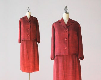 1950s Vintage Suit / 50s 60s Ruby Red Black Flecked Boxy Jacket and Pencil Skirt Suit Set