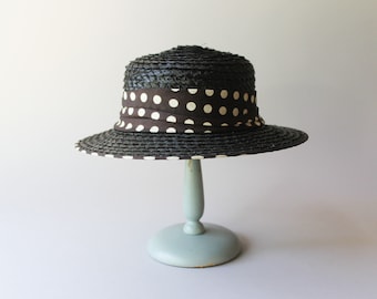 1950s Vintage Hat / Vintage 50s Black and White Polka Dot Straw Hat
