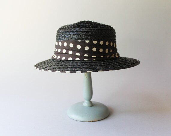 Vintage Black & White Straw Hat Vintage Black & White Straw Hat With Red Flowers, 1950s Tilt  main image 4