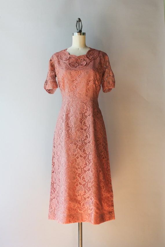 1950s Vintage Dress / 50s Mauve Pink Lace Dress w… - image 2
