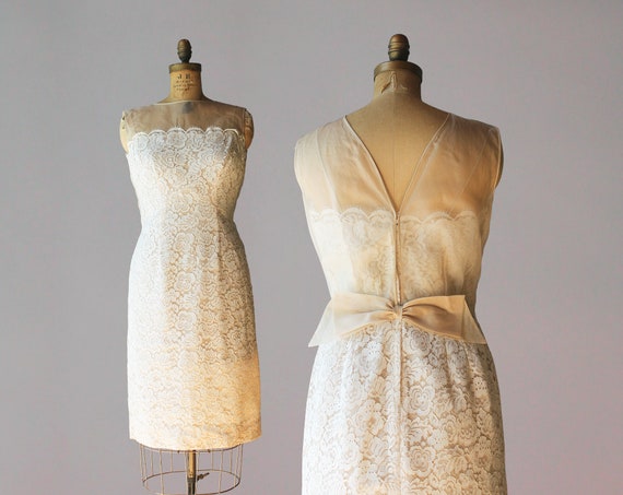 1960s Vintage Lace Illusion Dress / 60s Vintage Fitted Lace Sheath Dress  With Nude Organza and Bow Back 31" Waist - Etsy