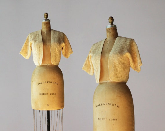 1950s Cardigan / 50s Cream White Cropped Short Sle