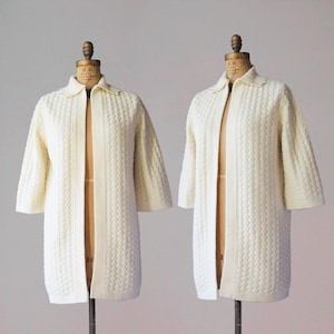 Vintage Sweater Coat / Early 1970s Cuddle Knits Cream White Textured Knit Long Cardigan Sweater