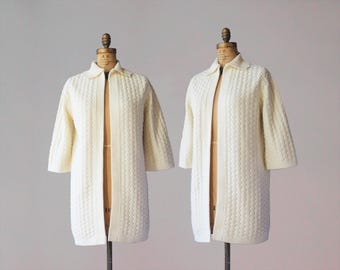 Vintage Sweater Coat / Early 1970s Cuddle Knits Cream White Textured Knit Long Cardigan Sweater