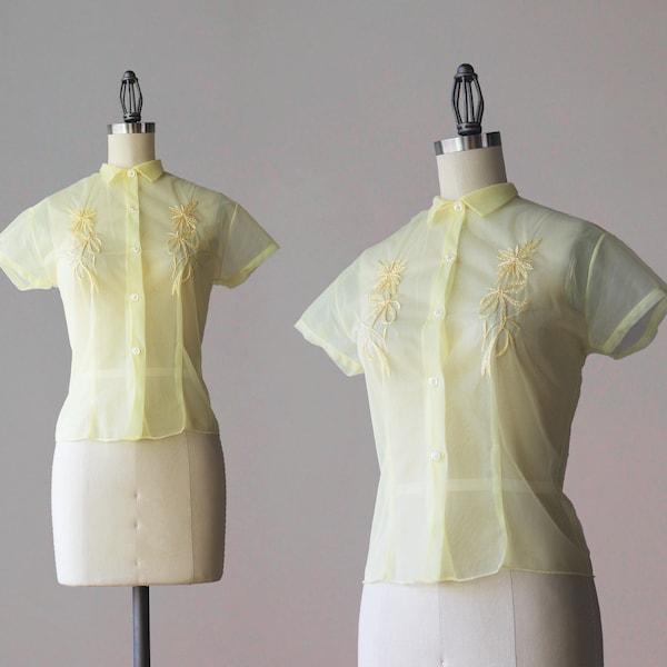 1950s Vintage Blouse / 50s Sheer Nylon Chiffon Pale Sunshine Yellow Embroidered Cap Sleeve Blouse