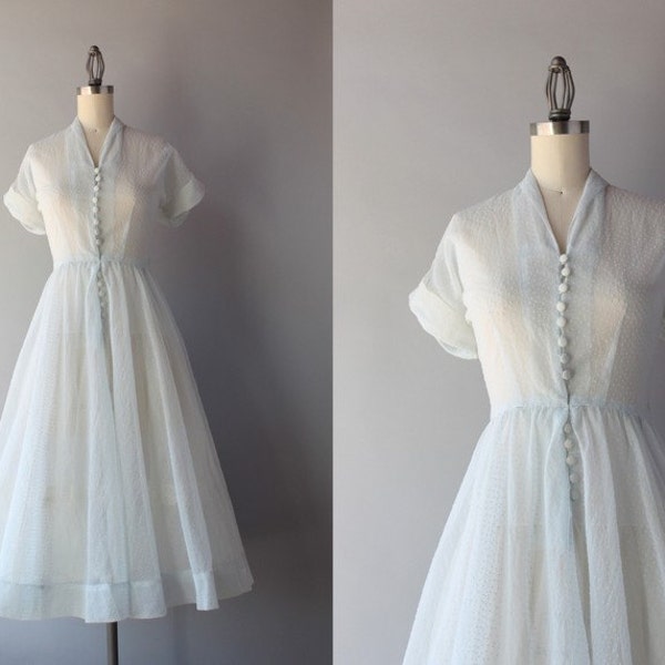 1950s Sheer Dotted Dress / Vintage 50s Pale Blue Day Dress / 50s Dotted Swiss Shirtwaist Dress