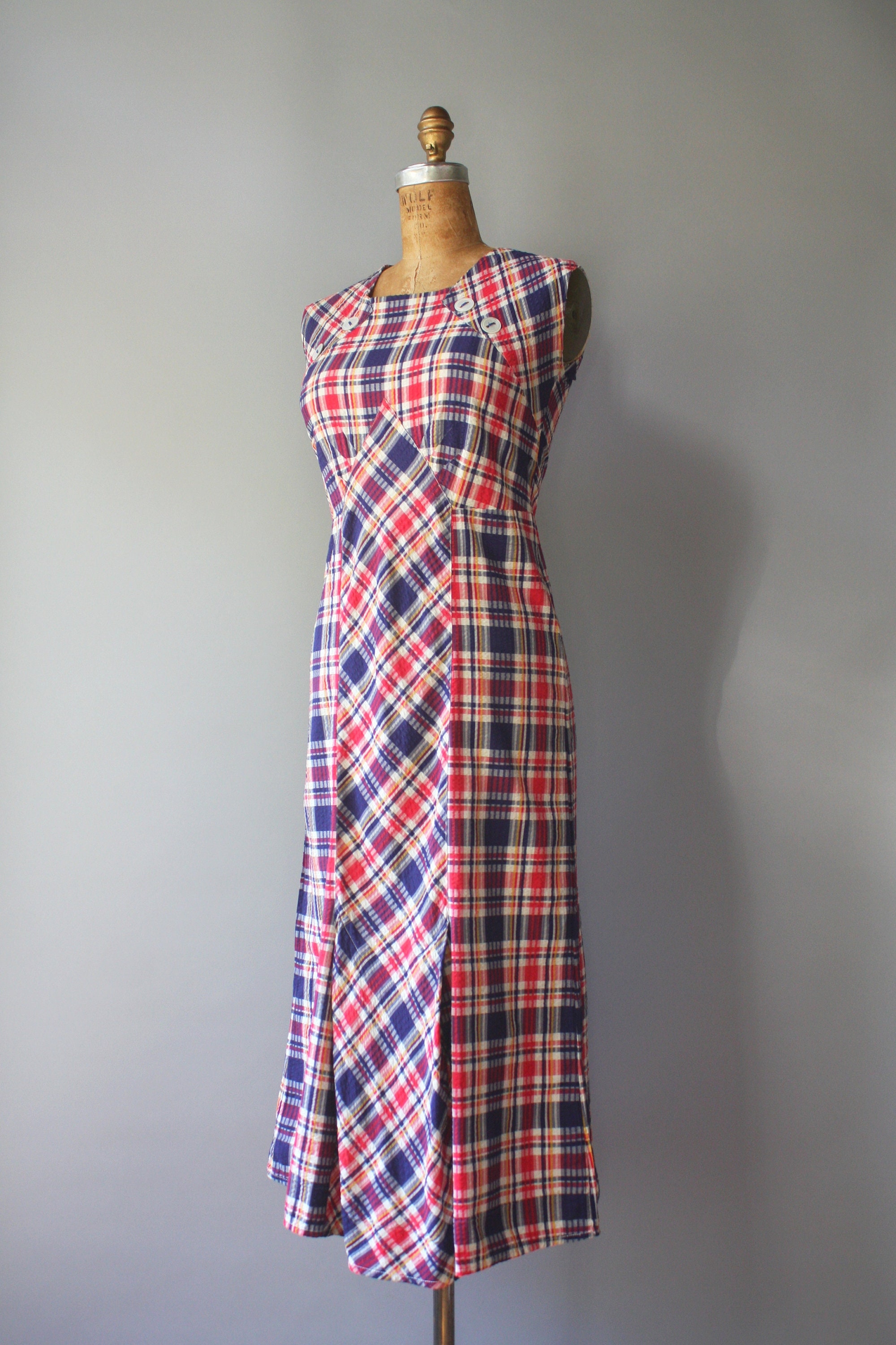 1930s Dress / 1930s Vintage Primary Plaid Cotton Day Dress | Etsy