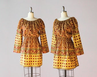 Vintage 60s 70s Block Printed Cotton Micro Mini Hippie Dress w/ Juliet Sleeves