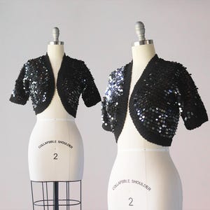 Vintage Cropped Sequined Bolero Sweater / 1950s 1960s Black Wool Sparkling Short Sleeve Cropped Cardigan