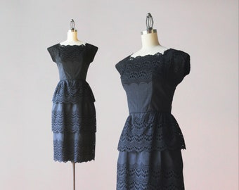 1950s Little Black Wiggle Dress / 50s Early 60s Black Cotton Embroidered Eyelet Fitted Dress w/ Tiered Scalloped Skirt