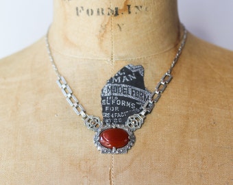 1920s Sterling Silver Carnelian Marcasite Art Deco Necklace