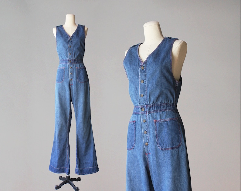 1970s Denim Jumpsuit 70s Vintage Flare Leg High Waist Sleeveless Coverall Overall Jumpsuit