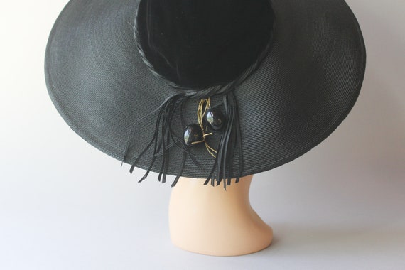 1950s Wide Brim Straw Hat / 50s Black Straw & Vel… - image 6