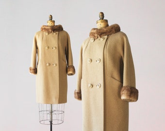 1960s Honey Brown Beige Double Breasted Mink Trimmed Fur Collar Cuffs Wool Blend Coat