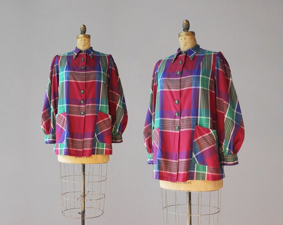 1940s Smock Blouse / 40s Vintage Burgundy Plaid Co