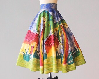 1950s Hand Painted Mexican Circle Skirt / 40s 50s Tropical Novelty Print Mexican Circle Skirt