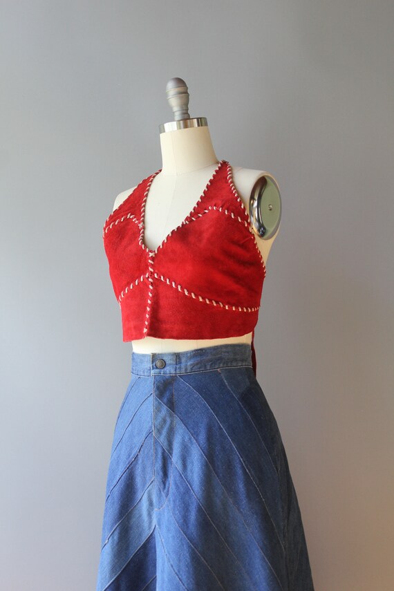 Vintage 1970s Dark Red Suede Leather Halter Top /… - image 3