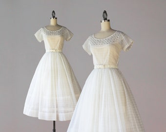 1950s Vintage Dress / 50s Sheer White Rhinestone and Pearl Studded Party Dress