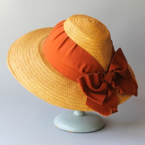 1940s Vintage Wide Brim Straw Hat / Early 40s Hat with Gathered Ribbon Band and Huge Bow