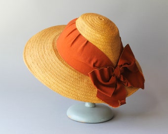 1940s Vintage Wide Brim Straw Hat / Early 40s Hat with Gathered Ribbon Band and Huge Bow