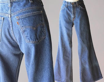 Vintage 1970s Levi's Orange Tab Bell Bottom Jeans 32" X 31" 100% Cotton Made in USA Dark Wash