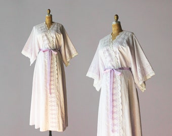 1970s Kimono Sleeve Kaftan / Vintage 70s Bill Tice for ESP White Cotton Eyelet with Lavender Maxi Wrap Lounge Dress