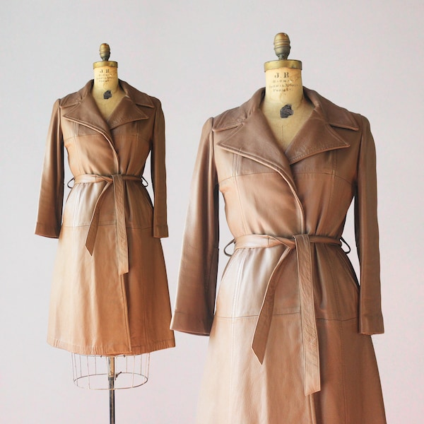 1970s Leather Trench Coat / Vintage 70s Calf Length Long Belted Leather Wrap Jacket