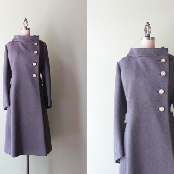 1960s Asymmetrical Coat / Vintage 60s Gray Wool Mod Coat / 60s Funnel Neck Winter Coat