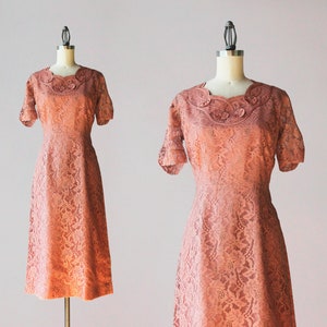 1950s Vintage Dress / 50s Mauve Pink Lace Dress with Satin Lily Pads & Rhinestones Fully Lined
