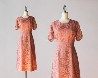 1950s Vintage Dress / 50s Mauve Pink Lace Dress with Satin Lily Pads & Rhinestones Fully Lined