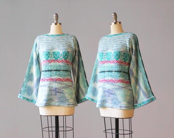 1970s Space Dyed Tunic Sweater / Vintage 70s Blue Bateau Neck Wide Sleeve Patterned Hippie Sweater