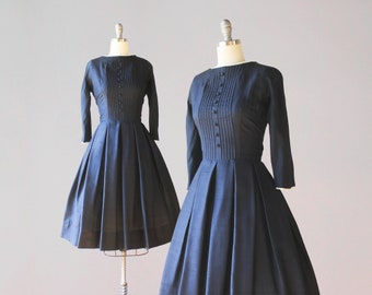 1950s Navy Blue Silk Gay Gibson Bateau Neck Pinktucks Full Pleated Skirt Dress